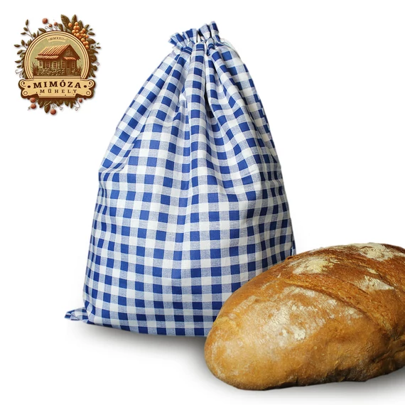 Kék kockás kenyeres zsák 30×43 cm, újrahasználható pamut-PUL tároló veknikhez – Mimóza Műhely
