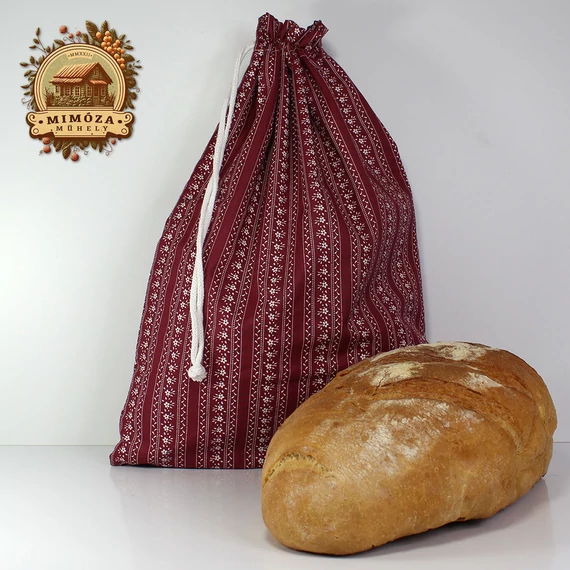 Kenyeres zsák bordó népies mintával, zsinóros záródással, 1 kg-os kenyérhez – Mimóza Műhely