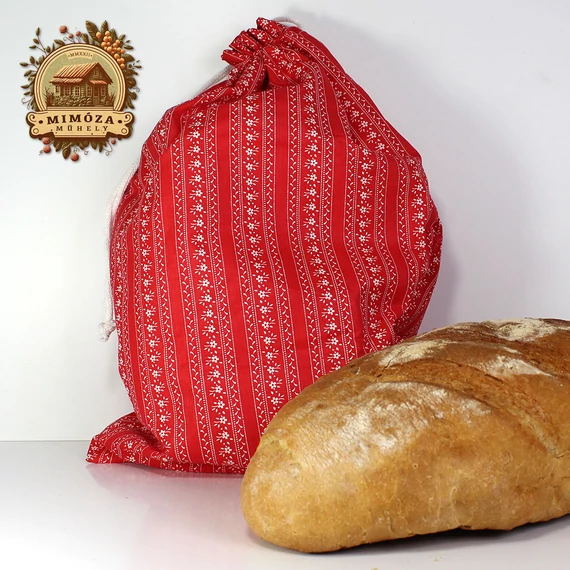 Piros népies mintás kenyeres zsák zsinóros záródással, 1 kg-os kenyérhez – Mimóza Műhely